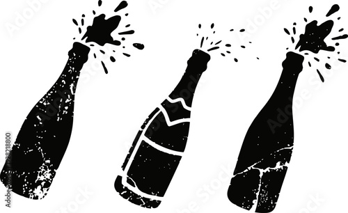 Three popping champagne bottles with splashes in black silhouette