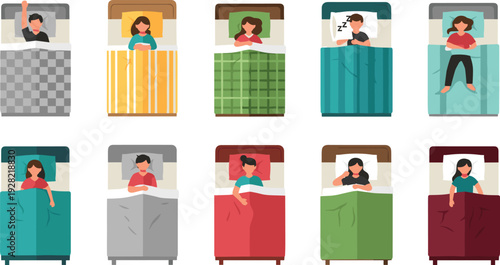 Set of people sleeping in beds vector illustrations with various male and female characters colorful blankets and pillows isolated on white background