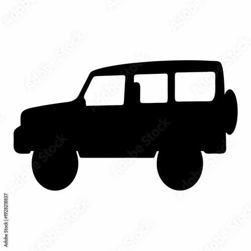 Silhouette of a boxy off road vehicle with spare tire on back