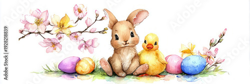 A cute bunny and a tiny duckling are sitting next to each other in a spring garden. They are surrounded by daffodils, mimosa branches, and colorful eggs. It is Easter time