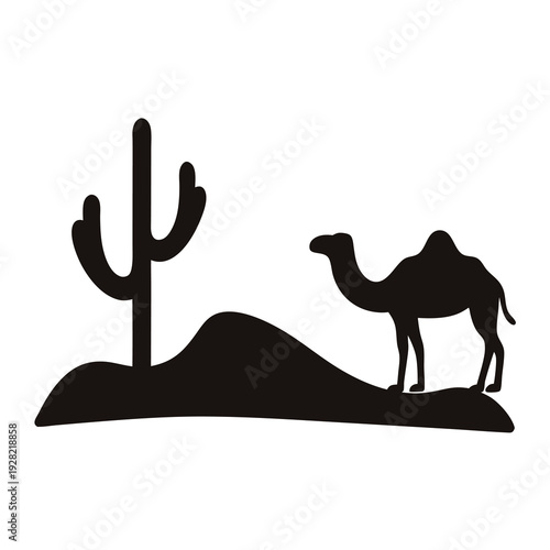 Camel in the Desert Silhouette with Cactus and Sand Dunes Illustration