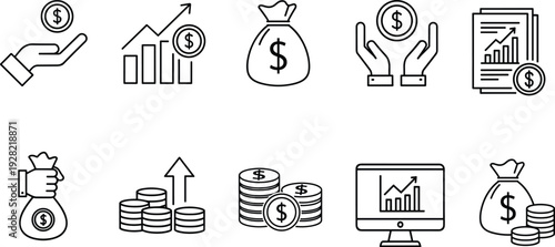 Financial growth and investment line icons set for business concepts