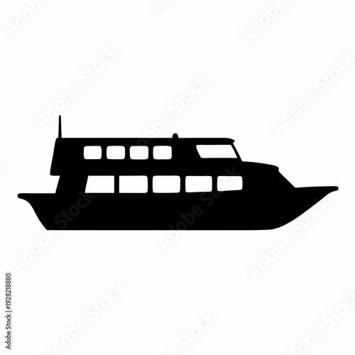 Silhouette of a doubledecked tourist ferry boat on a white background