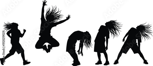 Energetic girl silhouettes jumping, dancing and expressing freedom in dynamic poses isolated on white background vector illustration