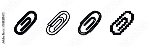 Flat paper clip icon set with solid, outline, textured, and pixel art designs, perfect for minimalist office themes.