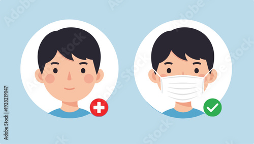 Illustration showing a boy without a mask with a red cross and a boy with a face mask with a green checkmark, promoting mask-wearing.