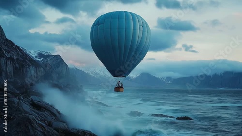 Hot air balloon floats above rocky shore and ocean with mountains in the background during twilight hours