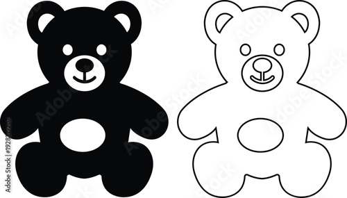 teddy bear vector set collection group with cute toy silhouette and outline icons, baby nursery plush mascot symbol isolated on transparent background, editable minimalist design