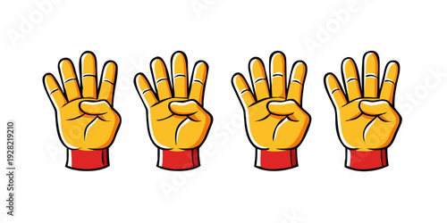 Comic hands numbers gestures, cartoon finger counting signs. Hand numbers, comic book hands in glove one, two, three, four fingers gesture vector symbols illustrations .vector icon