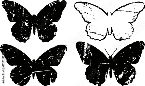 Set of four distressed butterfly silhouettes with various wing shapes and patterns