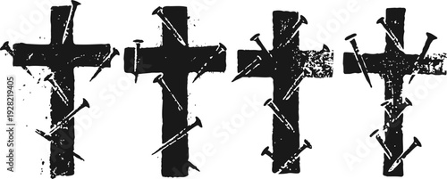 grunge black crosses with nails design set gothic horror illustration