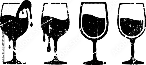 stylized wine glasses with dripping liquid and simple liquid filled outlines on white background