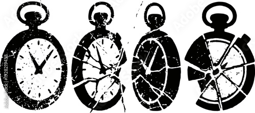 Distressed vintage pocket watches with cracked and shattered glass faces in monochrome silhouettes