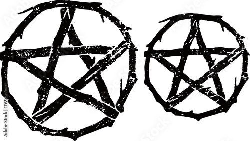 Grunge pentagram symbols in rough circular frames, occult magic and mystical design elements