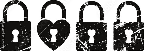 set of grunge black padlocks with heart shaped and rectangular bodies, vintage security icons