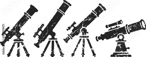 set of vintage telescopes illustration in black silhouette with various tripod designs