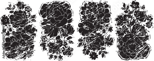 vintage floral black silhouettes ornate flower clusters with leaves in decorative elegant retro botanical design elements
