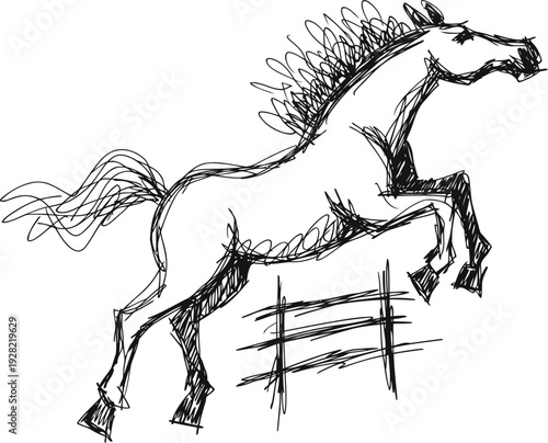 Horse jumping over fence dynamic black ink sketch of powerful jumping animal in motion
