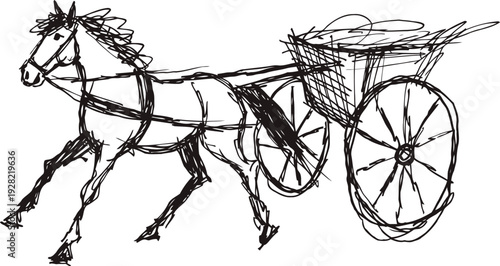 Horse pulling a traditional wooden cart with large wheels in simple hand drawn sketch
