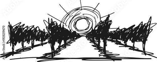 Abstract black ink sketch of a road lined with trees leading to a circular sun in the sky