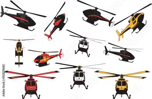 Modern civilian and emergency helicopter vector set in various flight angles.