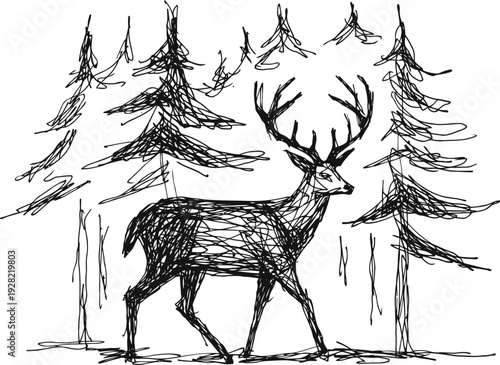 Hand drawn sketch of a deer with large antlers walking through a forest with pine trees