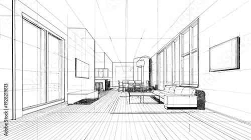 Hand-drawn architectural perspective sketch of a modern open-plan living room and dining area interior design concept