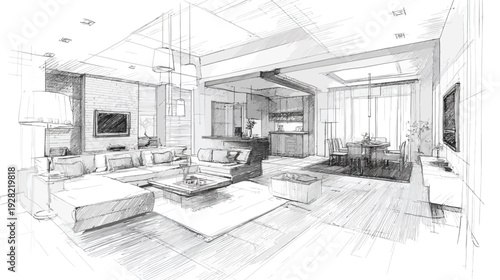Detailed hand-drawn architectural sketch of a modern luxury open-plan living room, dining area, and kitchen interior design.