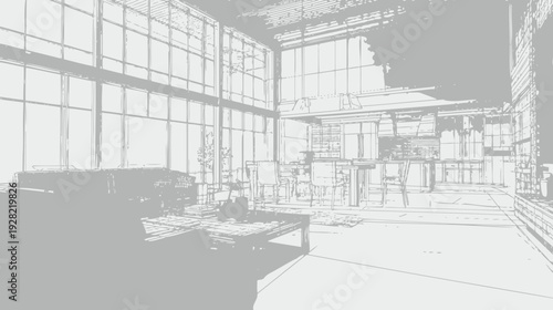 Bright modern minimalist interior design with large windows and an open-plan architectural concept, elegant contemporary living space.