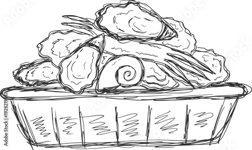 Fresh oysters on the half shell served in a basket with garnishes and lemon wedge