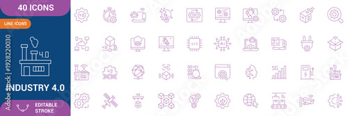 Industry 4.0 Icon Set. contain icons automation, smart industry, connection, system integration, big data, artificial intelligence, machine learning and etc. Editable stroke. Vector illustration