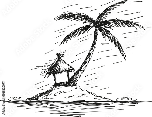 Small tropical island with palm tree and hut sketch drawing, seaside nature landscape concept