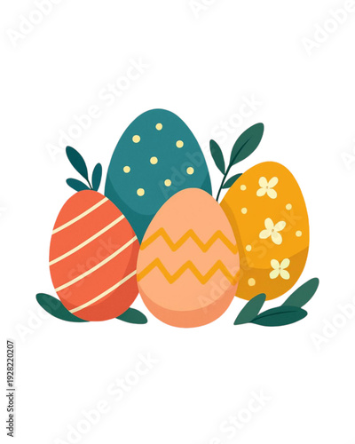 Ovos de páscoa decorados com folhas verdes estilo ilustração vetorial