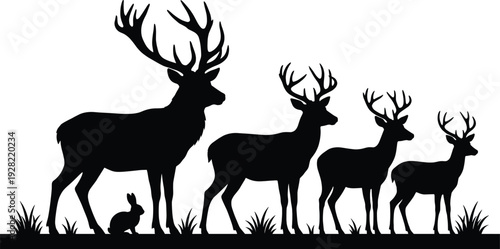 Black silhouette of deer family and rabbit in forest grass, wild animals with antlers, nature landscape for rustic wall art,