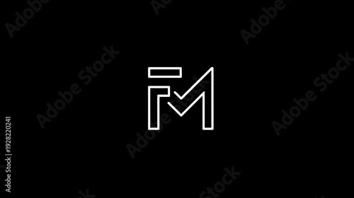 Modern minimalist geometric monogram with stylized outline letters F and M. Abstract initial logo design concept on black.