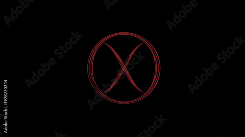 Mysterious red abstract symbol, an X within a circle, glowing on a dark background. Enigmatic graphic mark or sign.