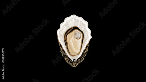 Gourmet Open Oyster Shell with a Lustrous Pearl Inside on a Black Background. Fresh Seafood Delicacy Illustration