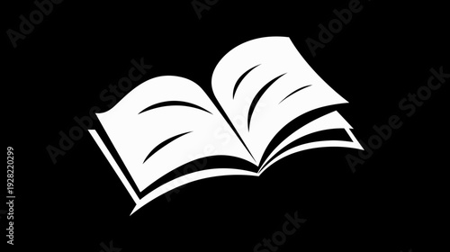 White open book icon on black background representing education, learning, knowledge, reading, study, and literature symbol