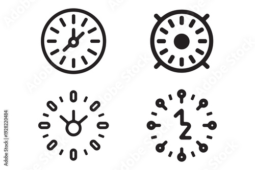 Modern analog clock and timer icon set for time management and productivity, vector line art.