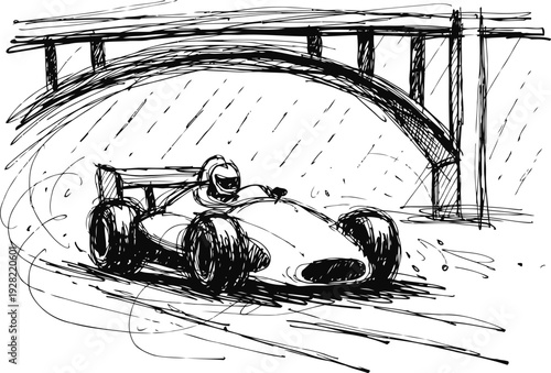 Vintage race car speeding under bridge on wet race track, classic motorsport sketch drawing