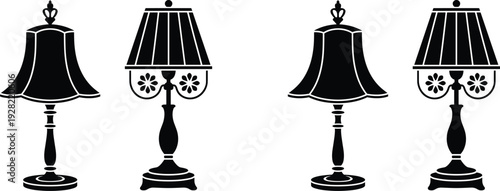 Black, silhouette, set, of, decorative, vintage, table, lamps, with, floral, patterns, isolated, on, white, background, vector, illustration, for, interior, design.