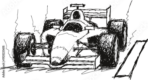 hand drawn illustration of a dynamic race car speeding on track with sketch lines
