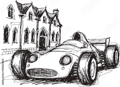 Vintage race car sketch with old building background, classic automobile drawing, retro motorsport illustration