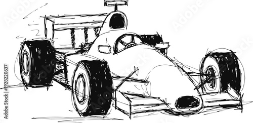 Black and white sketch of a racing car with aerodynamic design and large rear wing