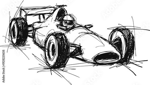 Retro racing car sketch with driver classic formula vehicle line art illustration