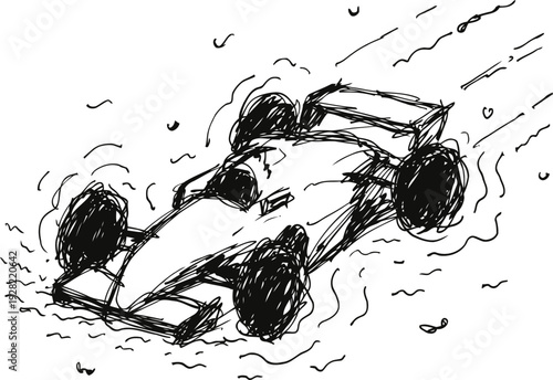 Sketch of a race car speeding with motion lines and tire details in dynamic black ink