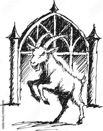 Goat standing on hind legs in front of gothic arched window with pointed spires