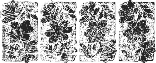 Abstract floral patterns in black and white showcasing intricate detailed leaves and flowers on rectangular textured backgrounds
