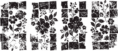 Vintage floral patterns with ornamental leaves and flowers in black and white textured