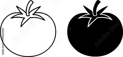 Black and white tomato illustration set : outline and silhouette icons